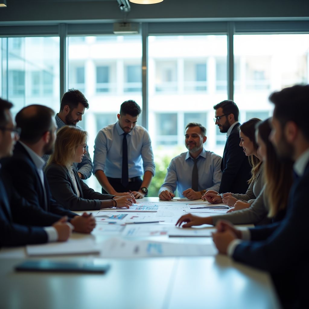 Equipo de consultores financieros discutiendo estrategias sobre un mapa de Argentina