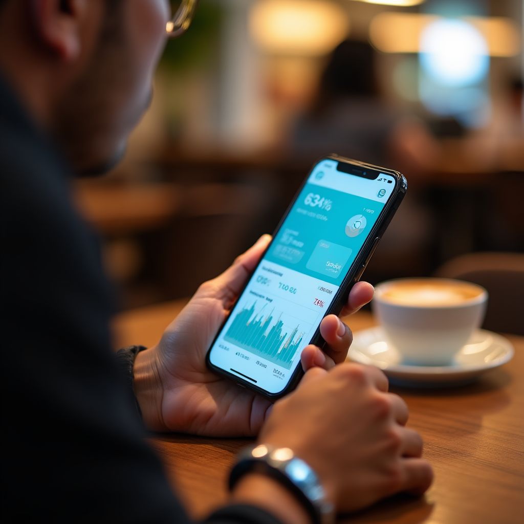 Mano sosteniendo un smartphone con una app de finanzas