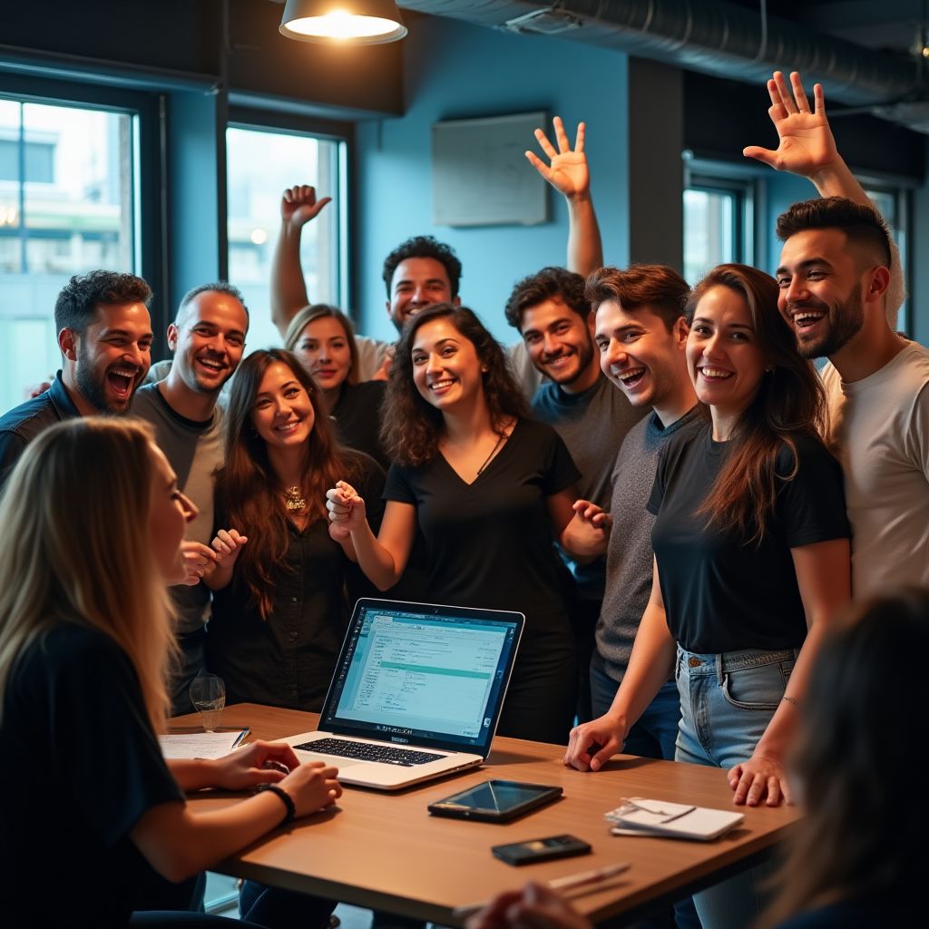 Jóvenes emprendedores celebrando en una oficina de startup tecnológica en Palermo